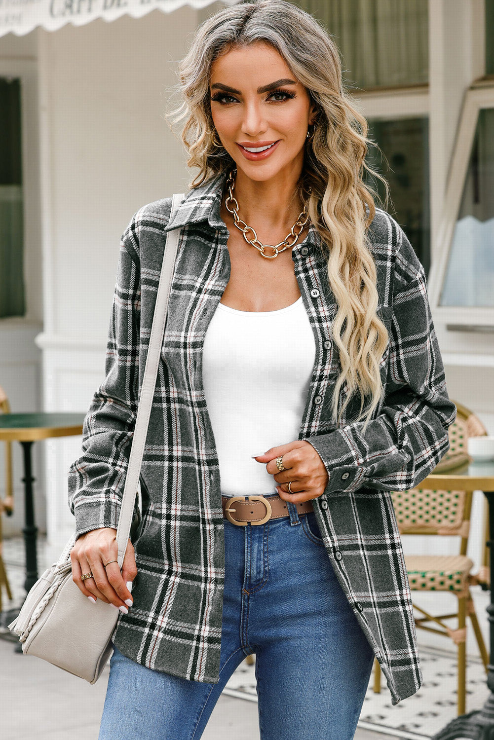 Charcoal Lights Plaid Buttoned Top