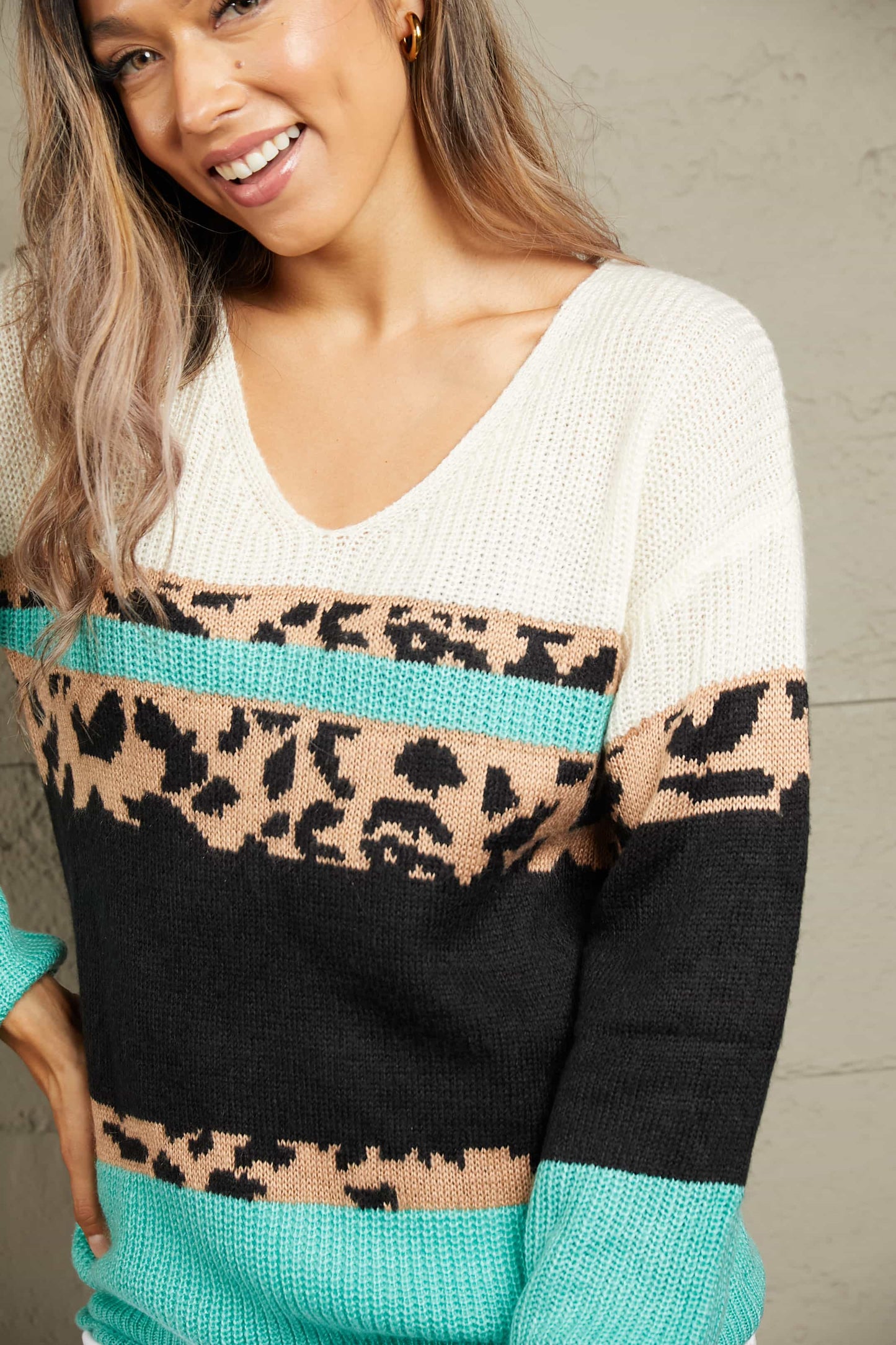 Leopard Color Block Rib-Knit Sweater