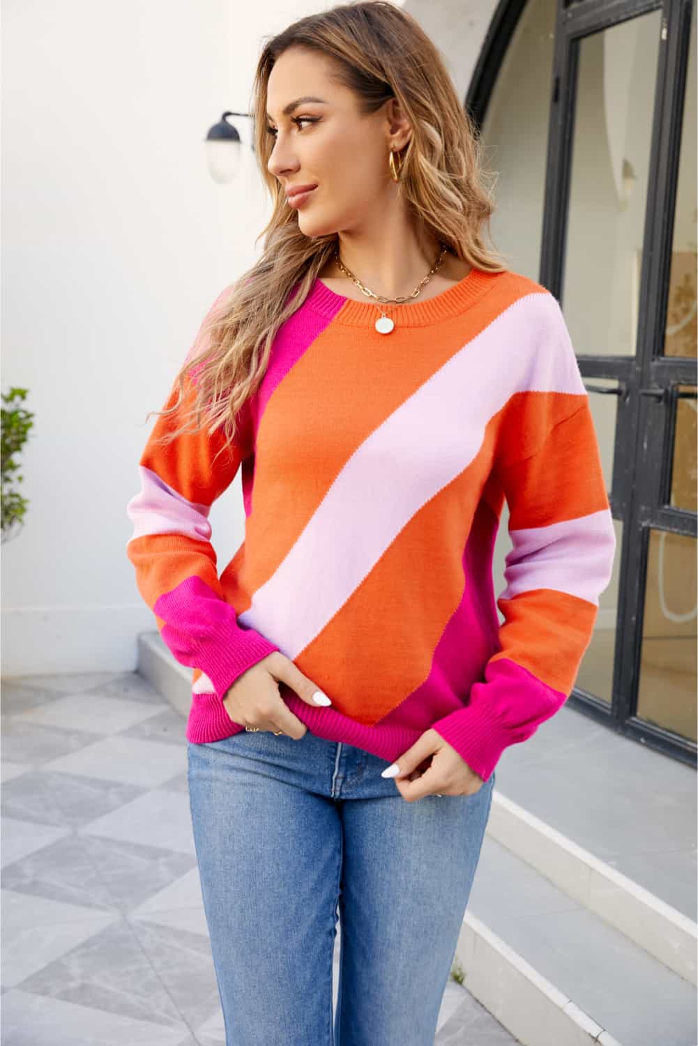 Pink Hues Color Block Ribbed Sweater