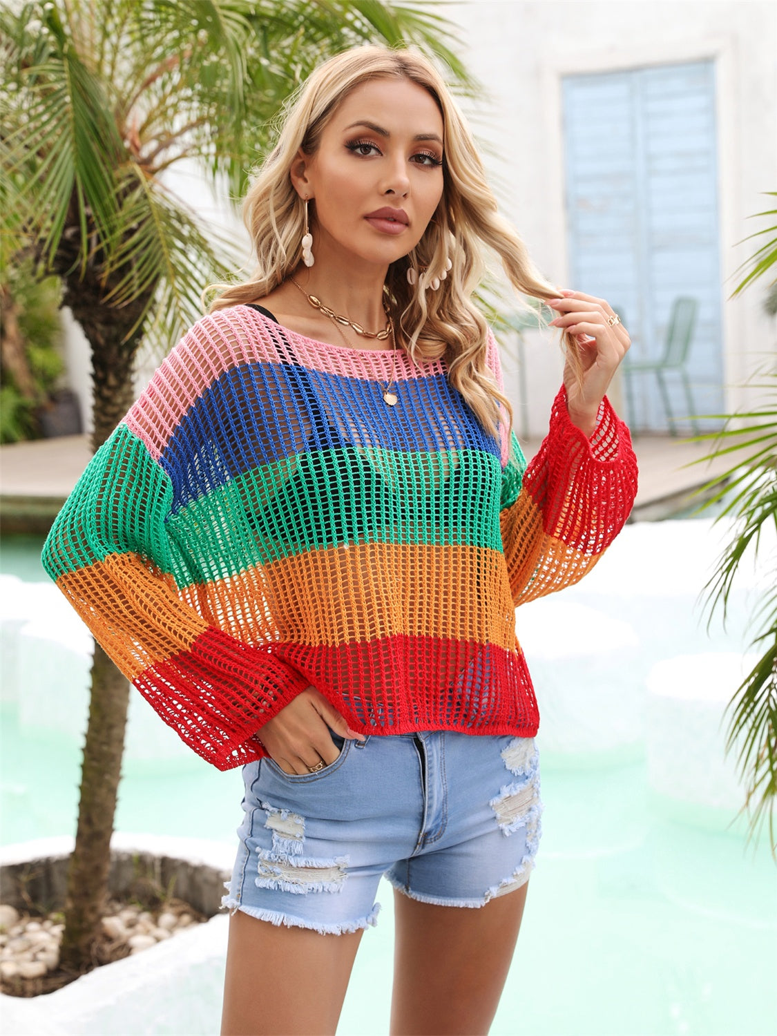 Color Block Openwork Boat Neck Cover-Up