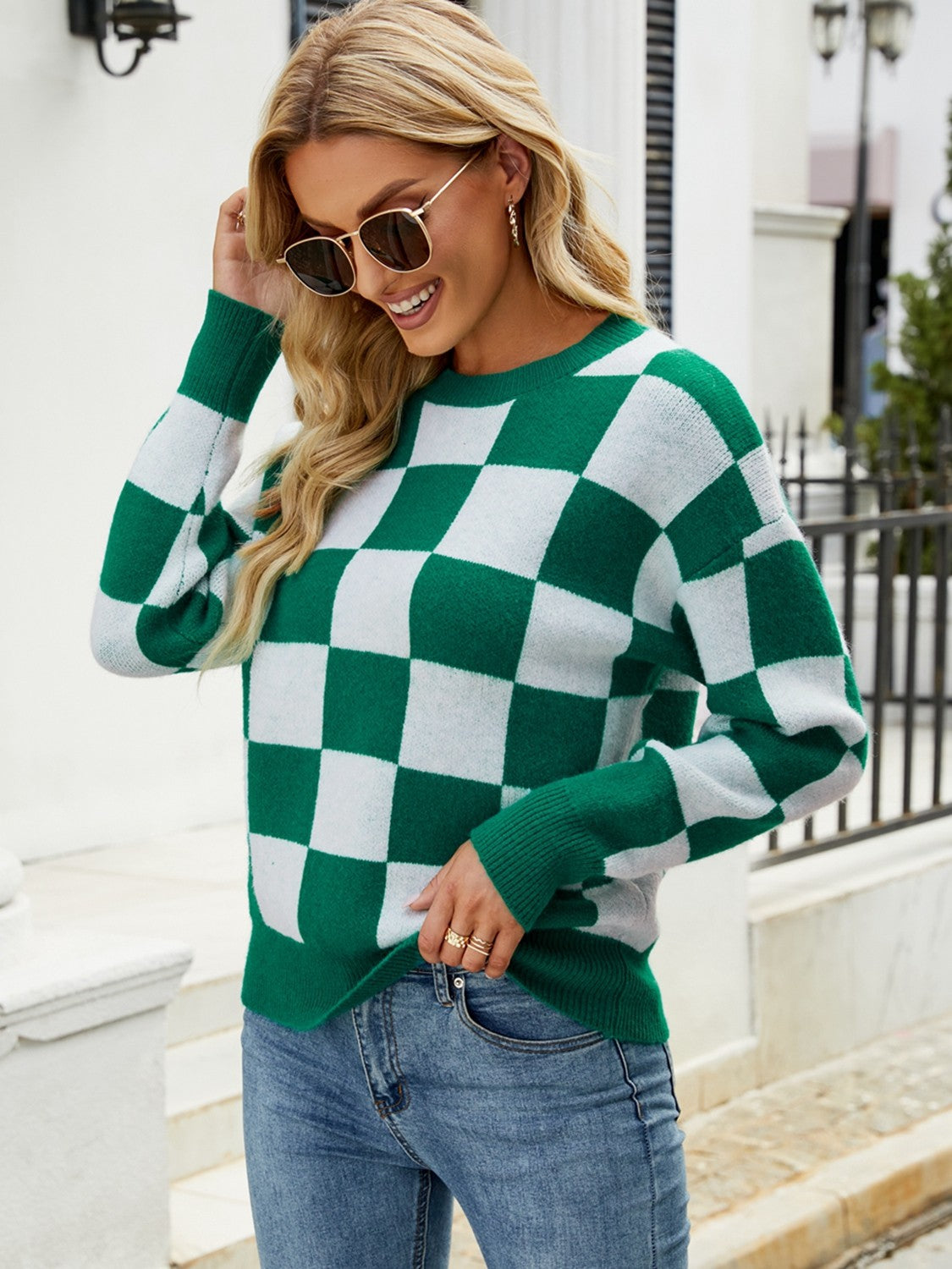 Emerald Hues Checkered Sweater