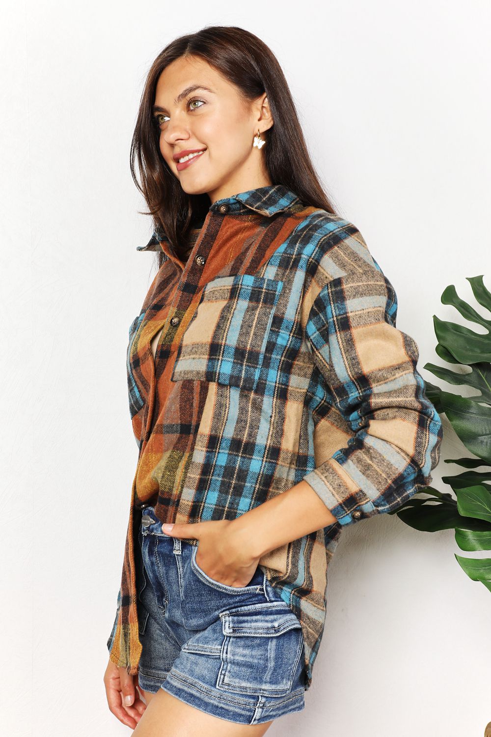 Pumpkin Plaid Curved Hem Shacket