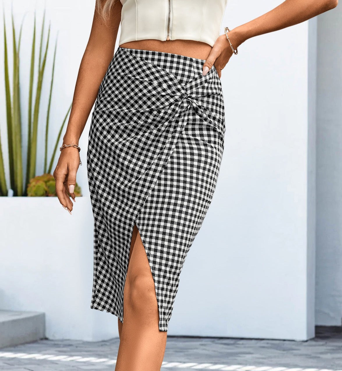 Classy in Plaid Twist Front Split Skirt