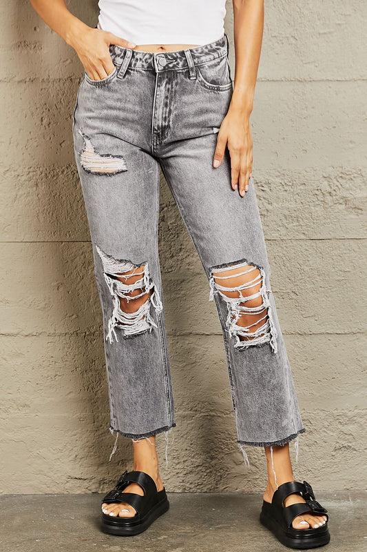 Ember Acid Wash Distressed Cropped Straight Jeans | Bayeas