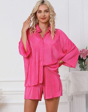 Pleated Button Top & Shorts Lounge Set