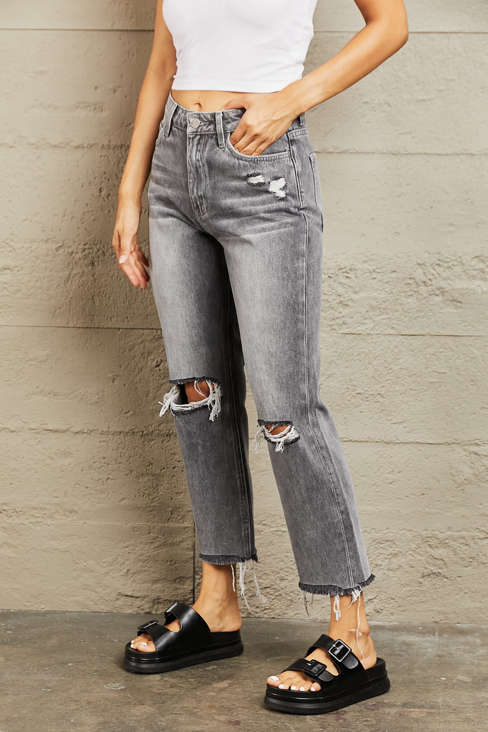 Grey Skies Stone Wash Distressed Cropped Straight Jeans | Bayeas