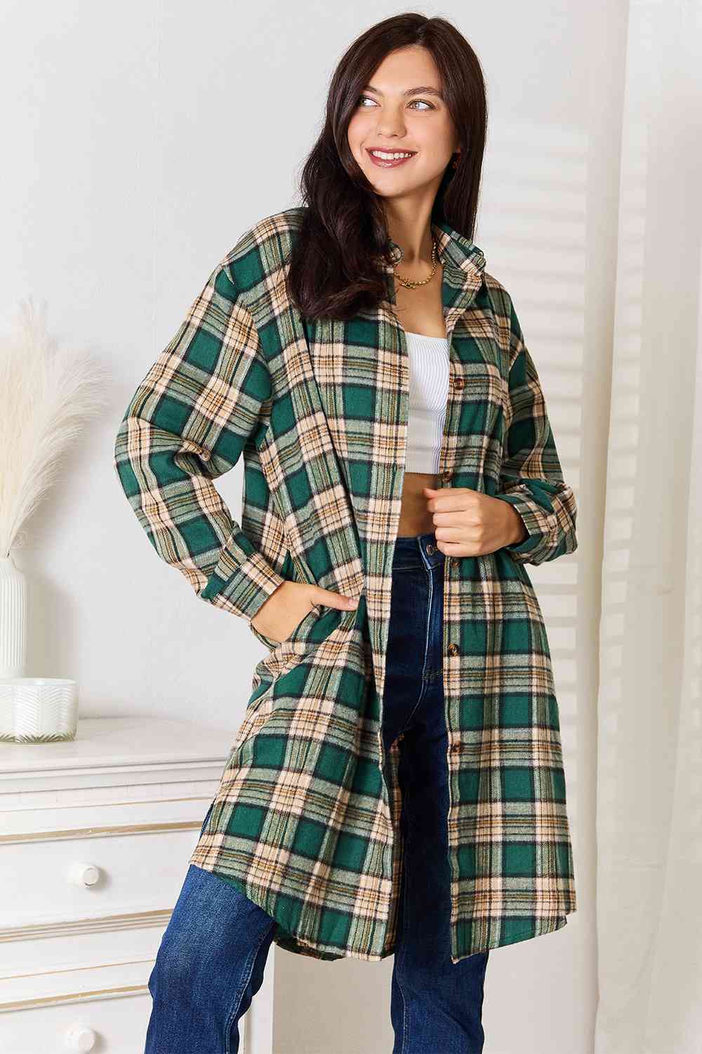 Plaid Collared Long Sleeve Top