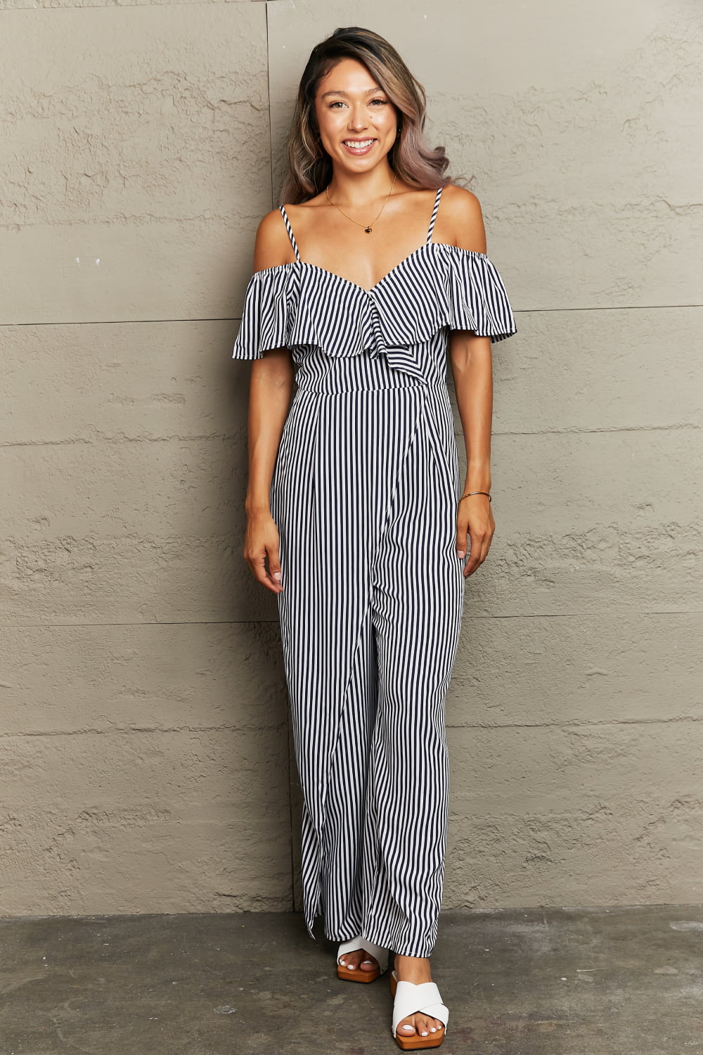 Out of the Blue Striped Cold-Shoulder Jumpsuit