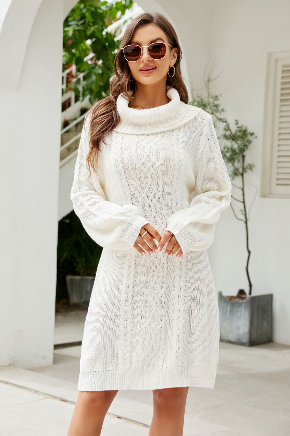 Mediterranean Mixed Knit Turtleneck Sweater Dress
