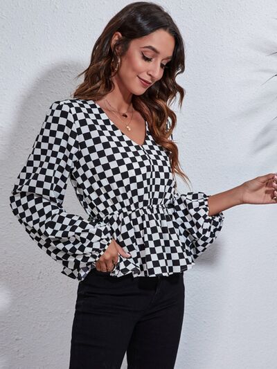 Checkered Balloon Sleeve Peplum Blouse