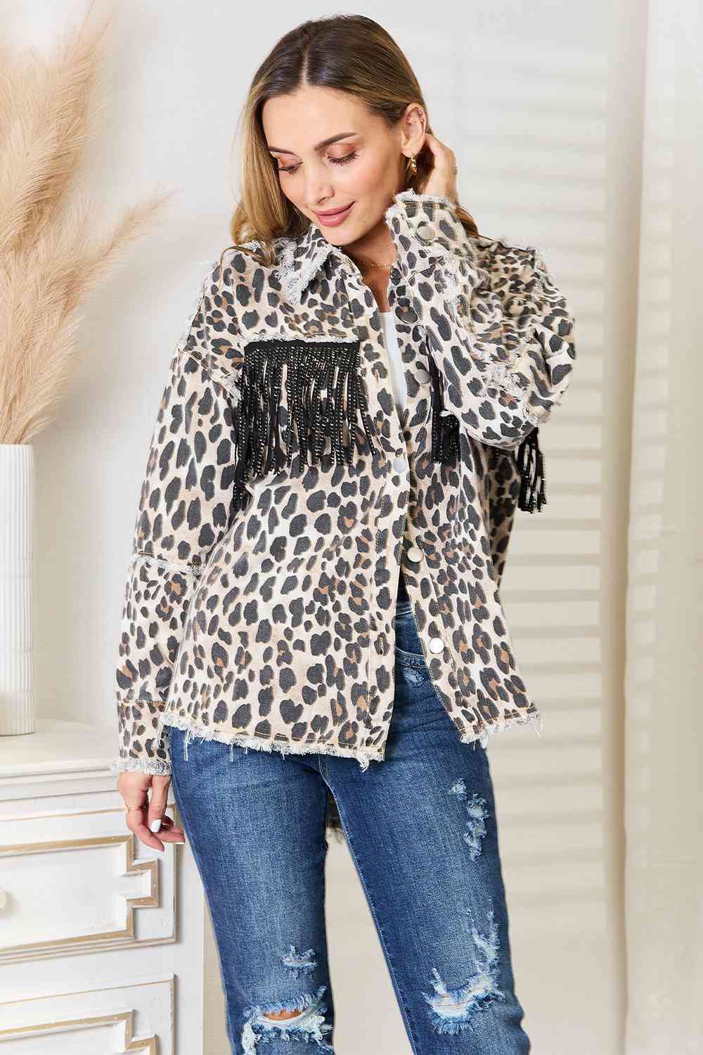 Leopard Fringe Denim Jacket