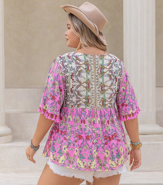 Floral V-Neck Half Sleeve Blouse | Curvy