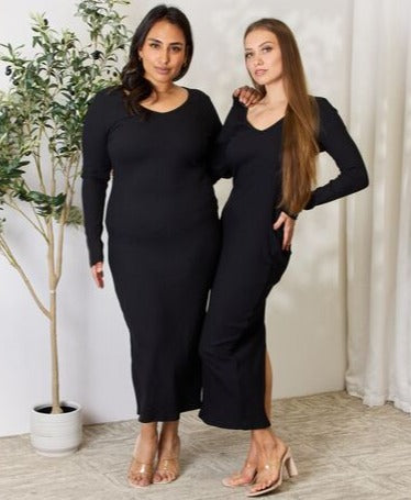Ribbed Long Sleeve Midi Slit Dress