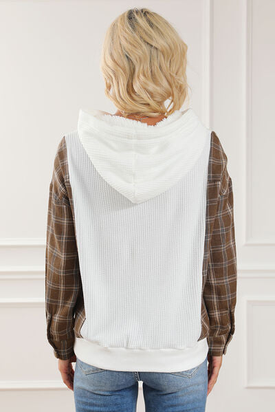 Plaid Waffle-Knit Drawstring Hoodie