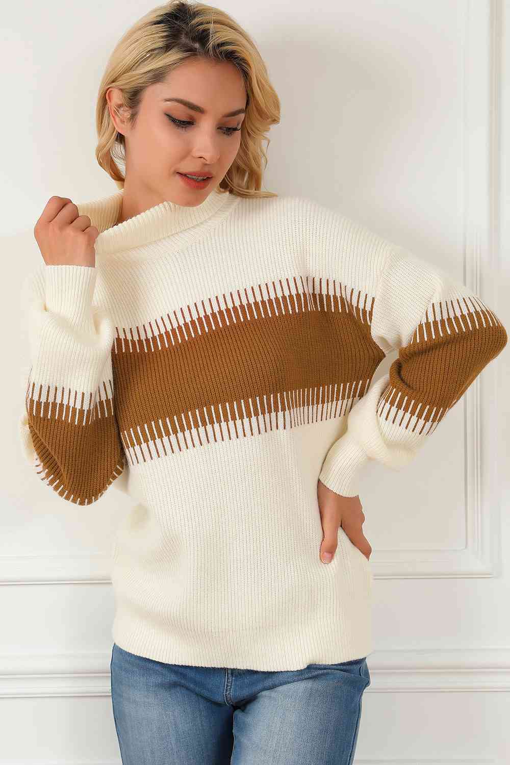 Caramel Cream Contrast Turtleneck Sweater