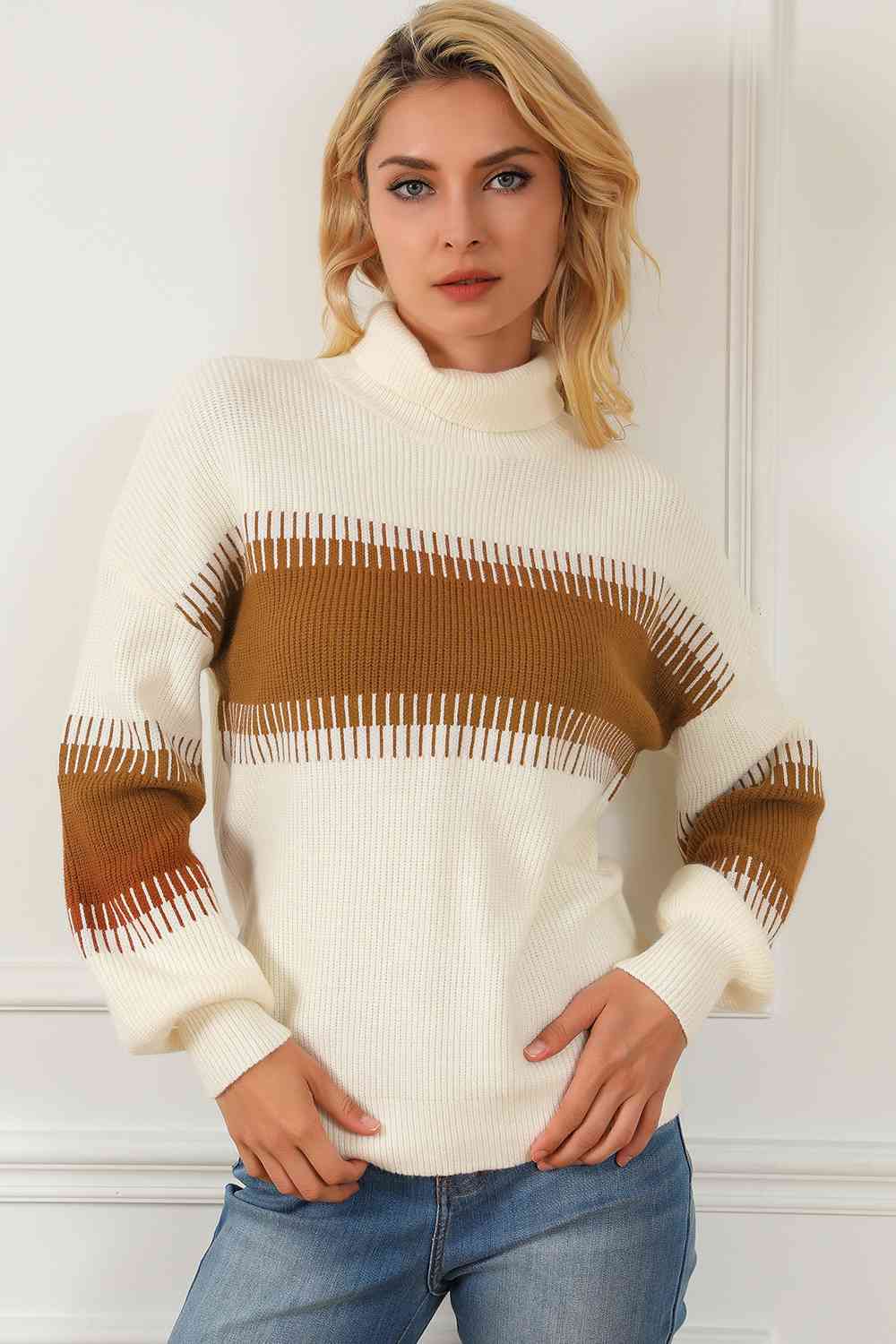 Caramel Cream Contrast Turtleneck Sweater