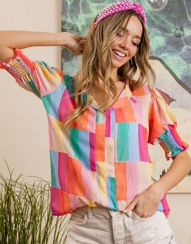 Jennings Color Block Smocked Blouse