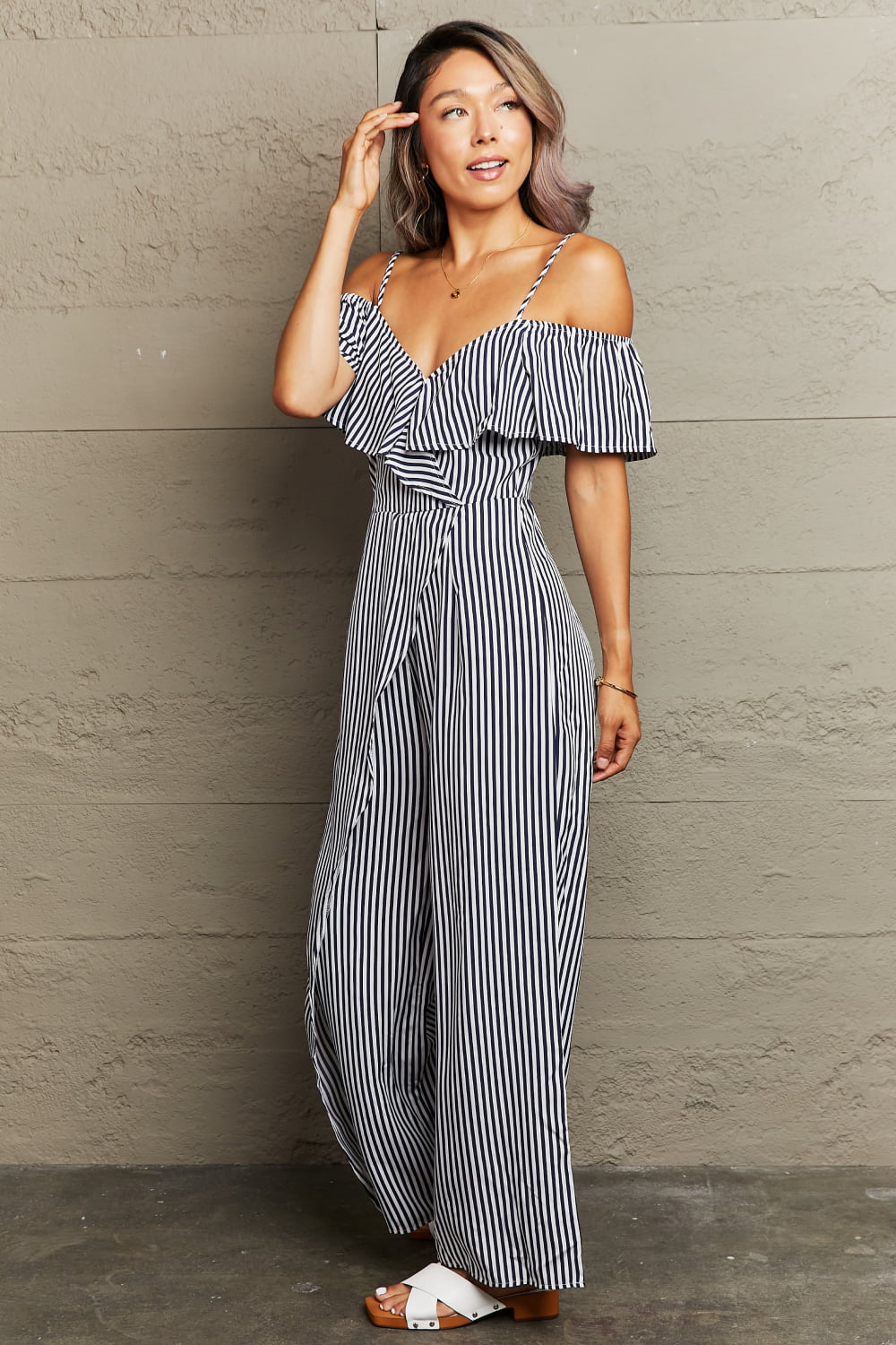 Out of the Blue Striped Cold-Shoulder Jumpsuit
