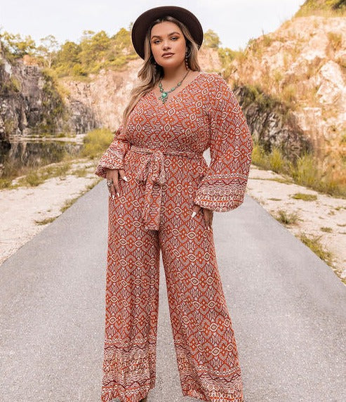 Floral Tie Front Balloon Sleeve Jumpsuit | Curvy