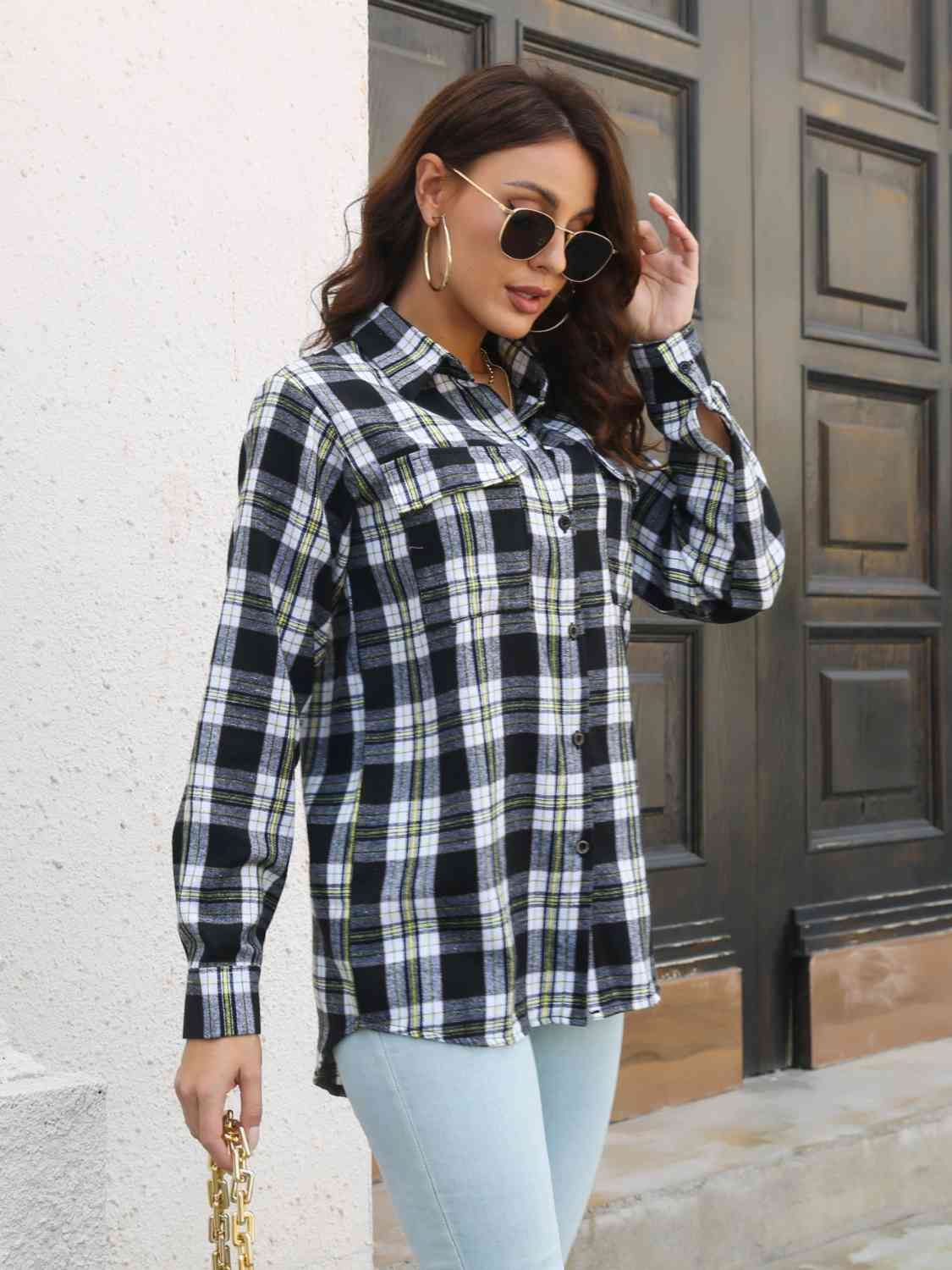 All Over Plaid Buttoned Top