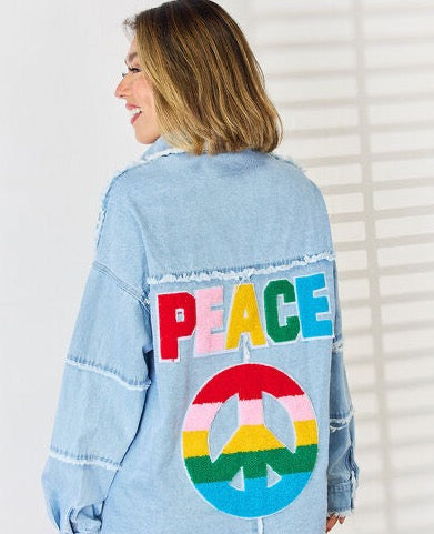 Peace Raw Hem Denim Shacket