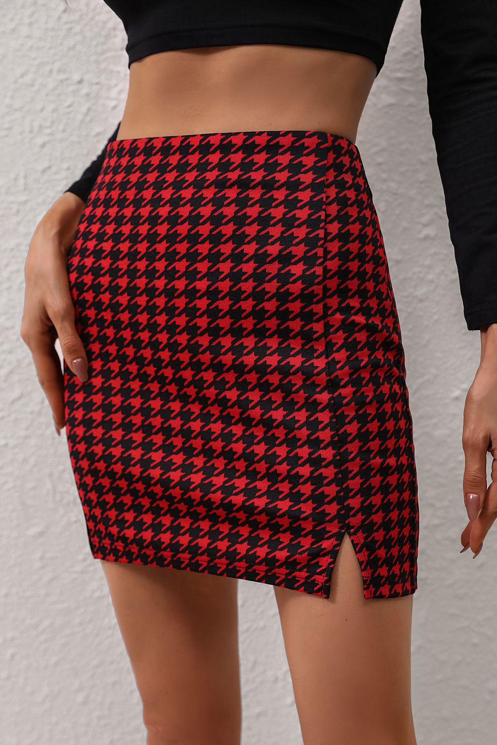 Deep Red Houndstooth Mini Skirt