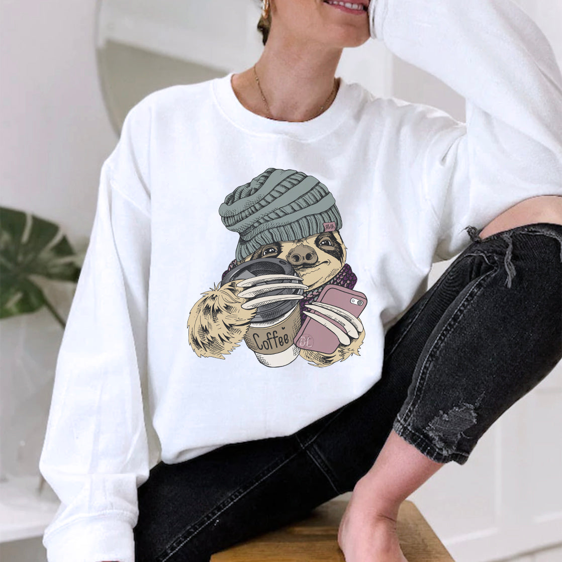 Winter Coffee Sloth Graphic Sweater - Bella Lia Boutique