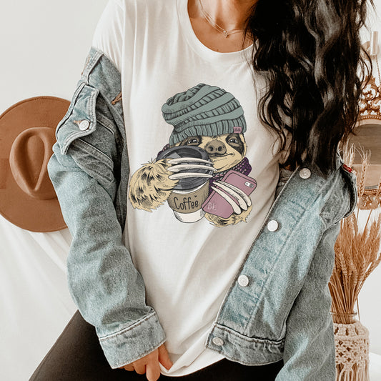 Winter Coffee Sloth Graphic Tee - Bella Lia Boutique