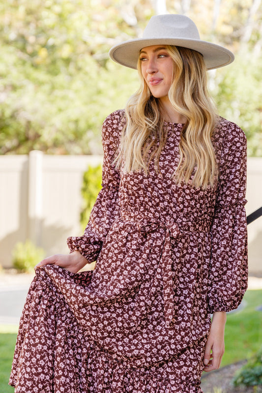 Flow With The Times Floral Midi Dress | Brown - Bella Lia Boutique