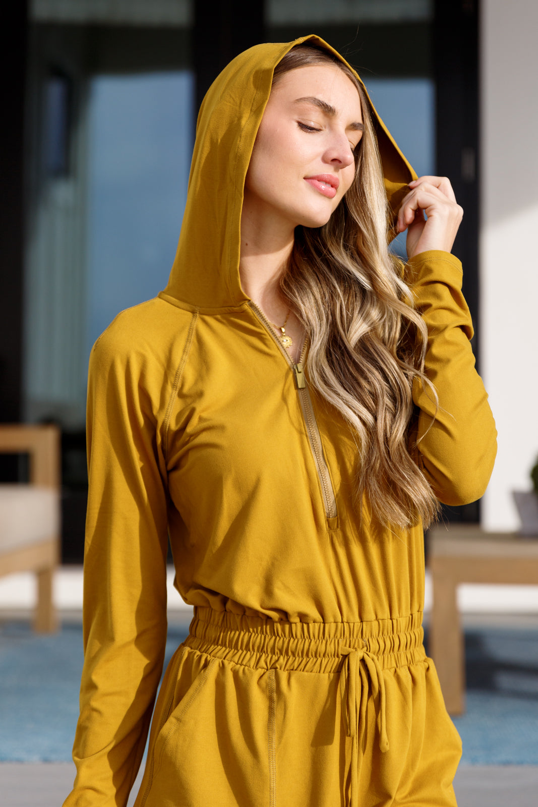 Getting Out Hoodie Romper | Gold Spice