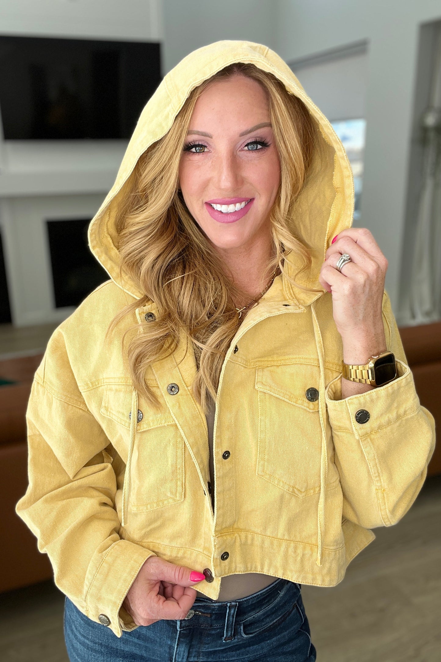 Cropped Hooded Denim Jacket | Mustard