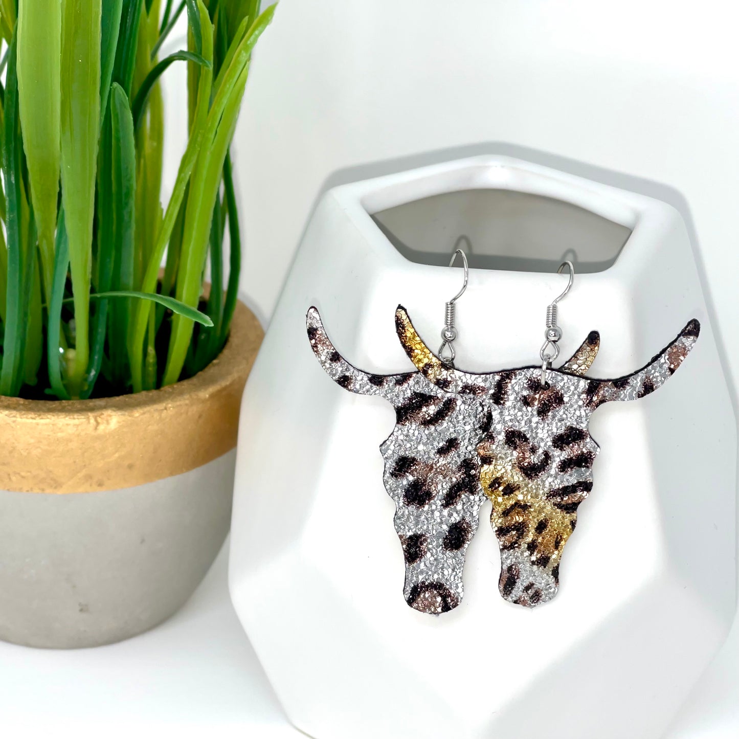 Faux Leather Earrings | Leopard Bull Horns - Bella Lia Boutique