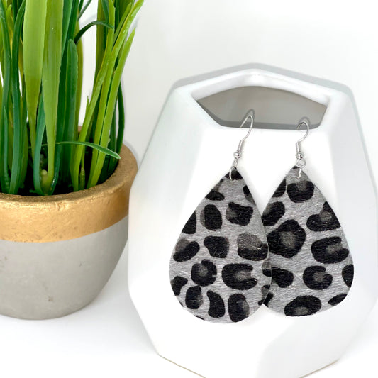 Faux Leather Earrings | Silver Grey Leopard - Bella Lia Boutique