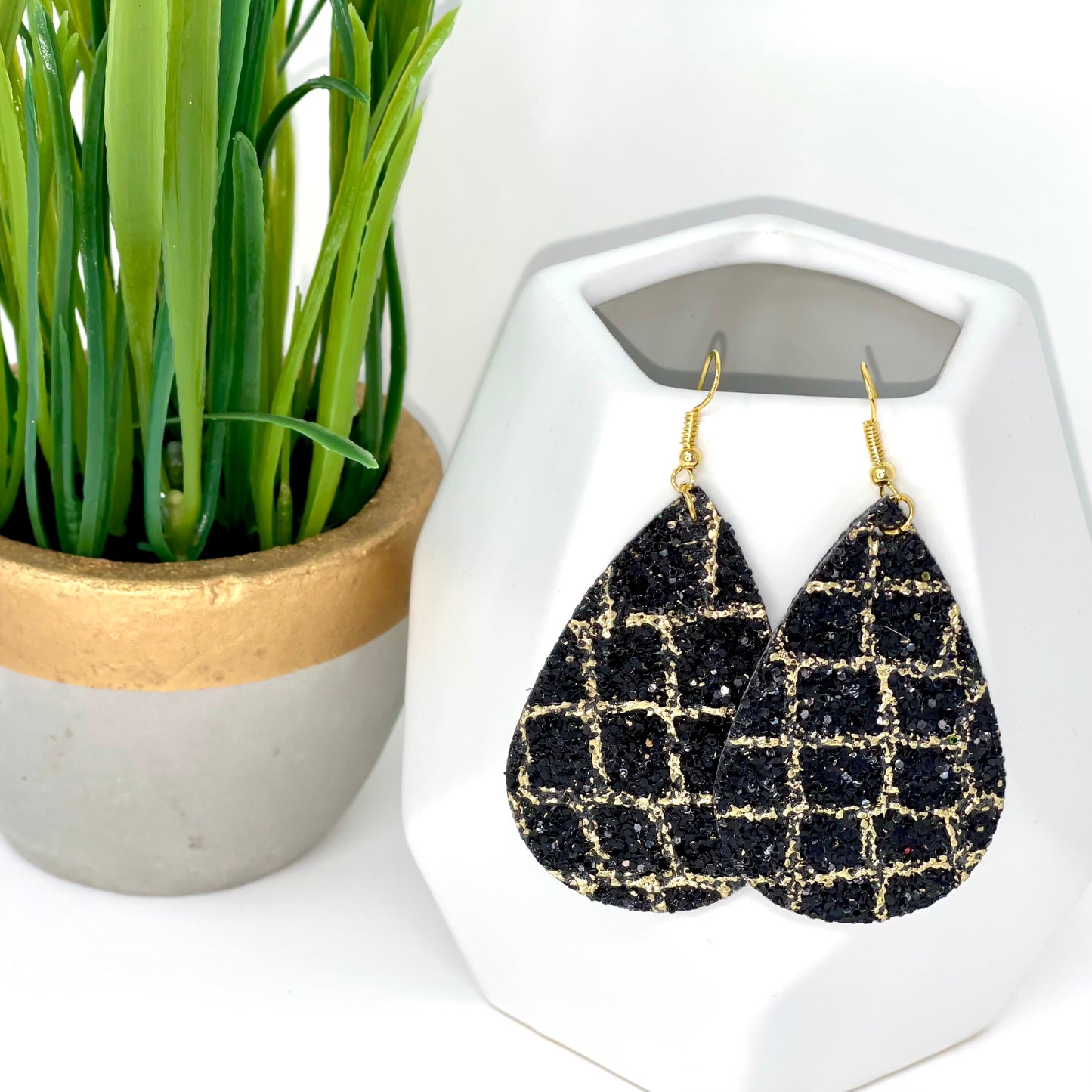 Faux Leather Earrings | Black Grid Glitter - Bella Lia Boutique