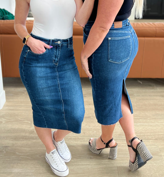 Marcy High-Rise Denim Midi Skirt | Judy Blue