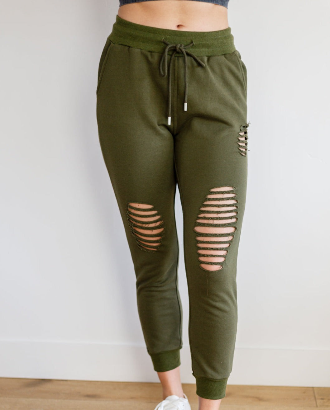 Kick Back Distressed Joggers in Olive - Bella Lia Boutique