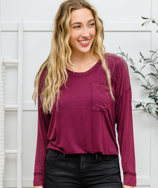 Knit Top With Pocket | Burgundy - Bella Lia Boutique