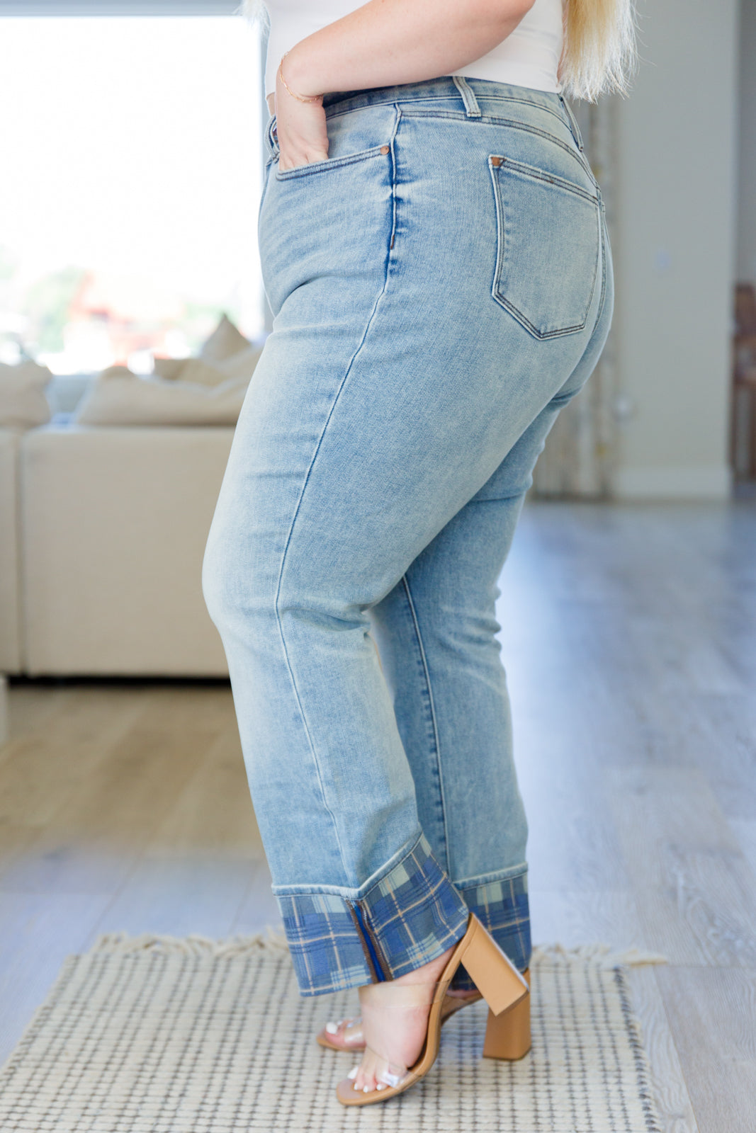 Miranda High Rise Plaid Cuff Vintage Straight Jeans | Judy Blue