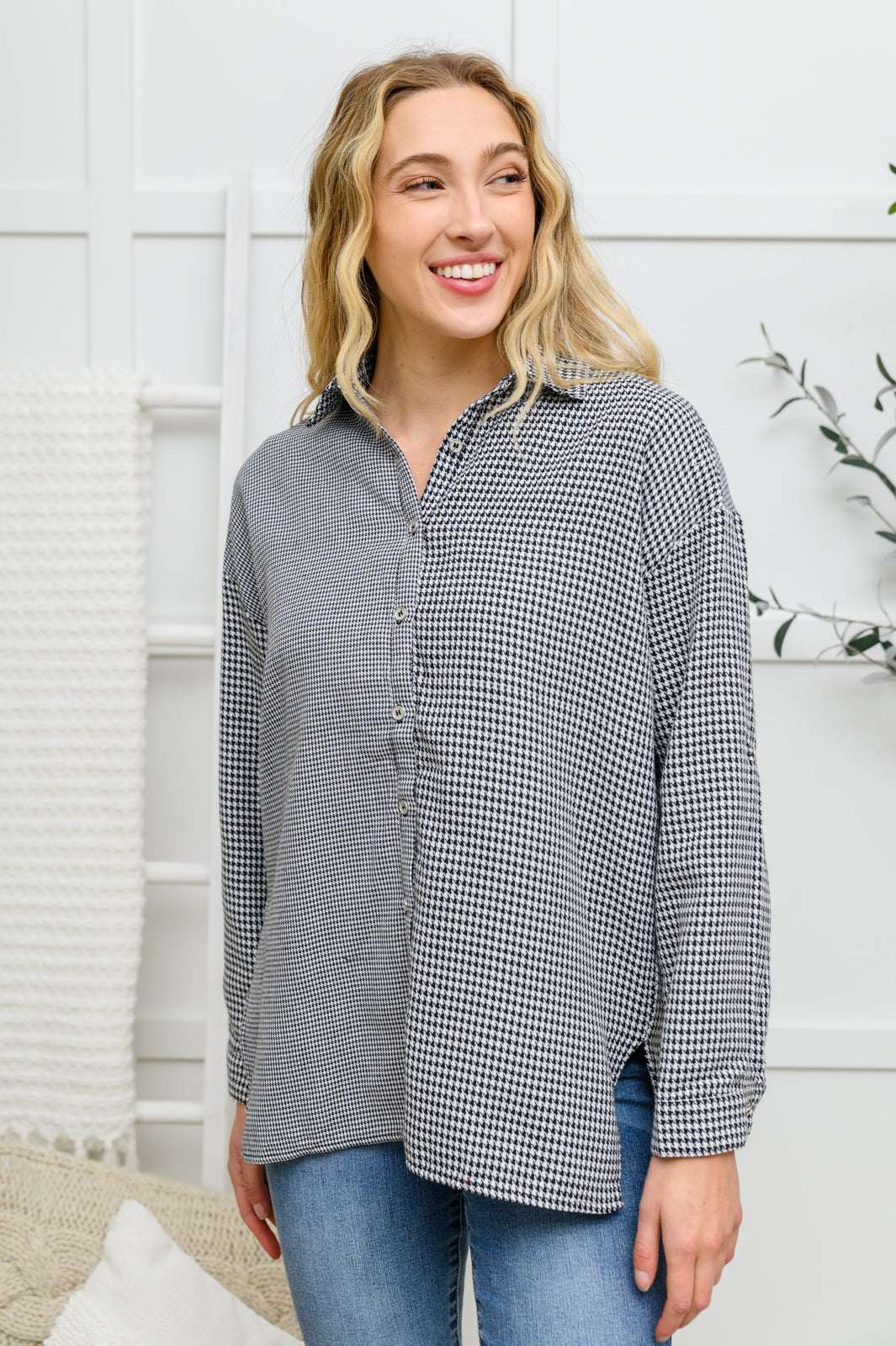 Mixed Houndstooth Button-Up Top