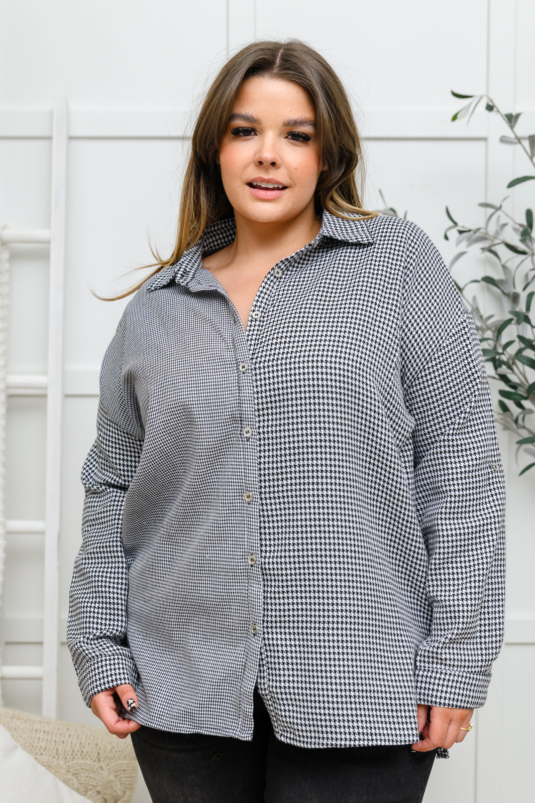 Mixed Houndstooth Button-Up Top