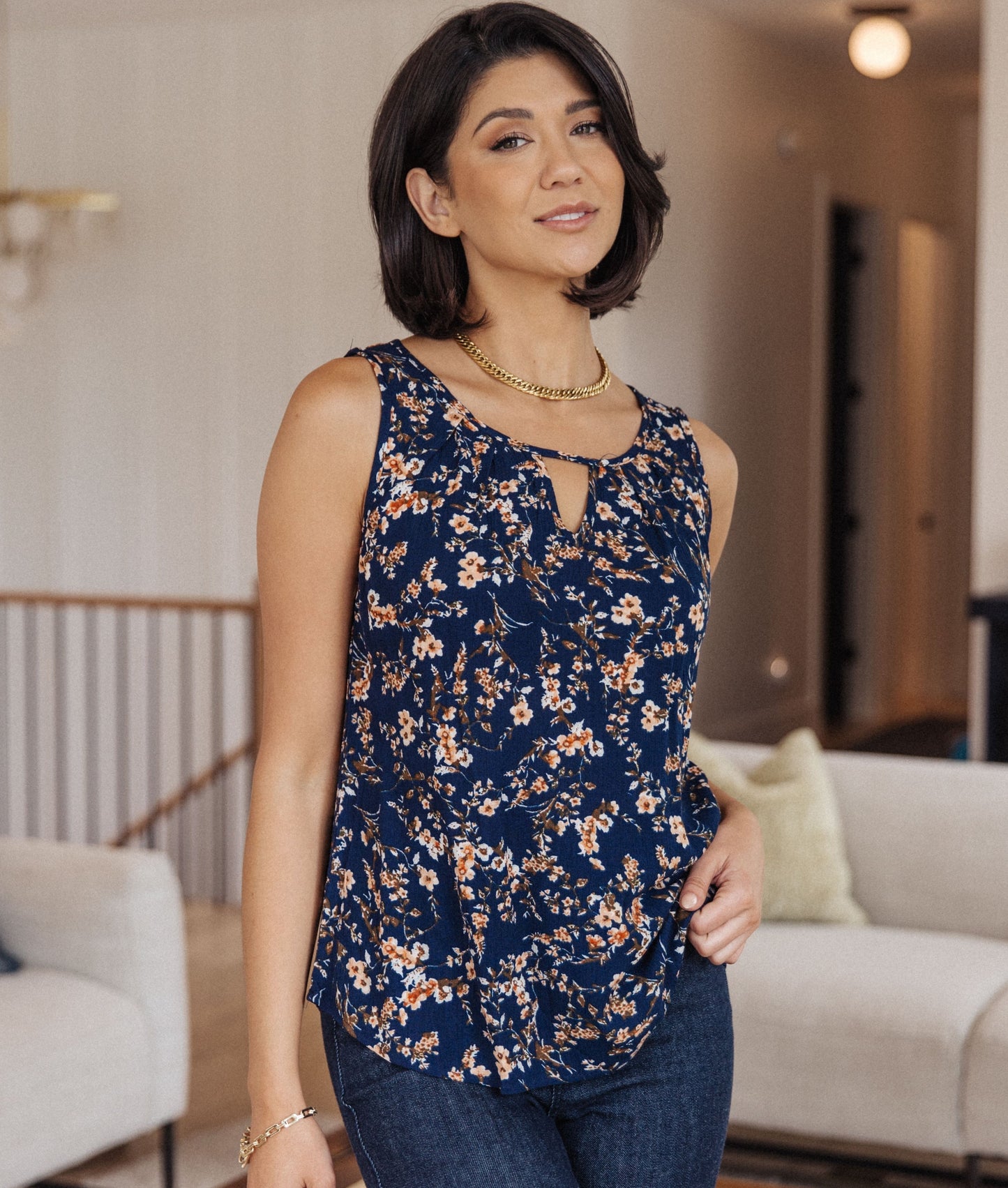 Perfect Floral Keyhole Sleeveless Top