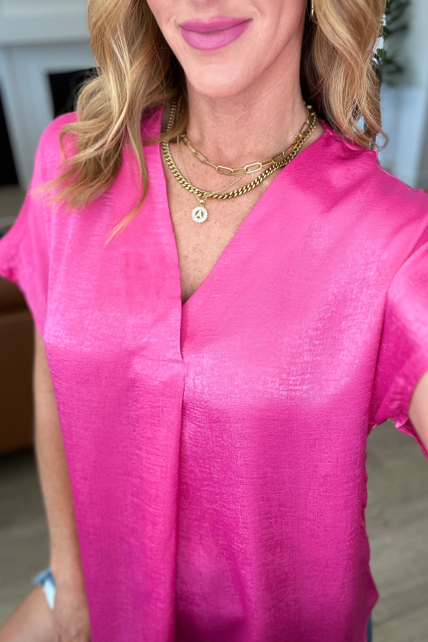 Pleat Front V-Neck Top | Hot Pink