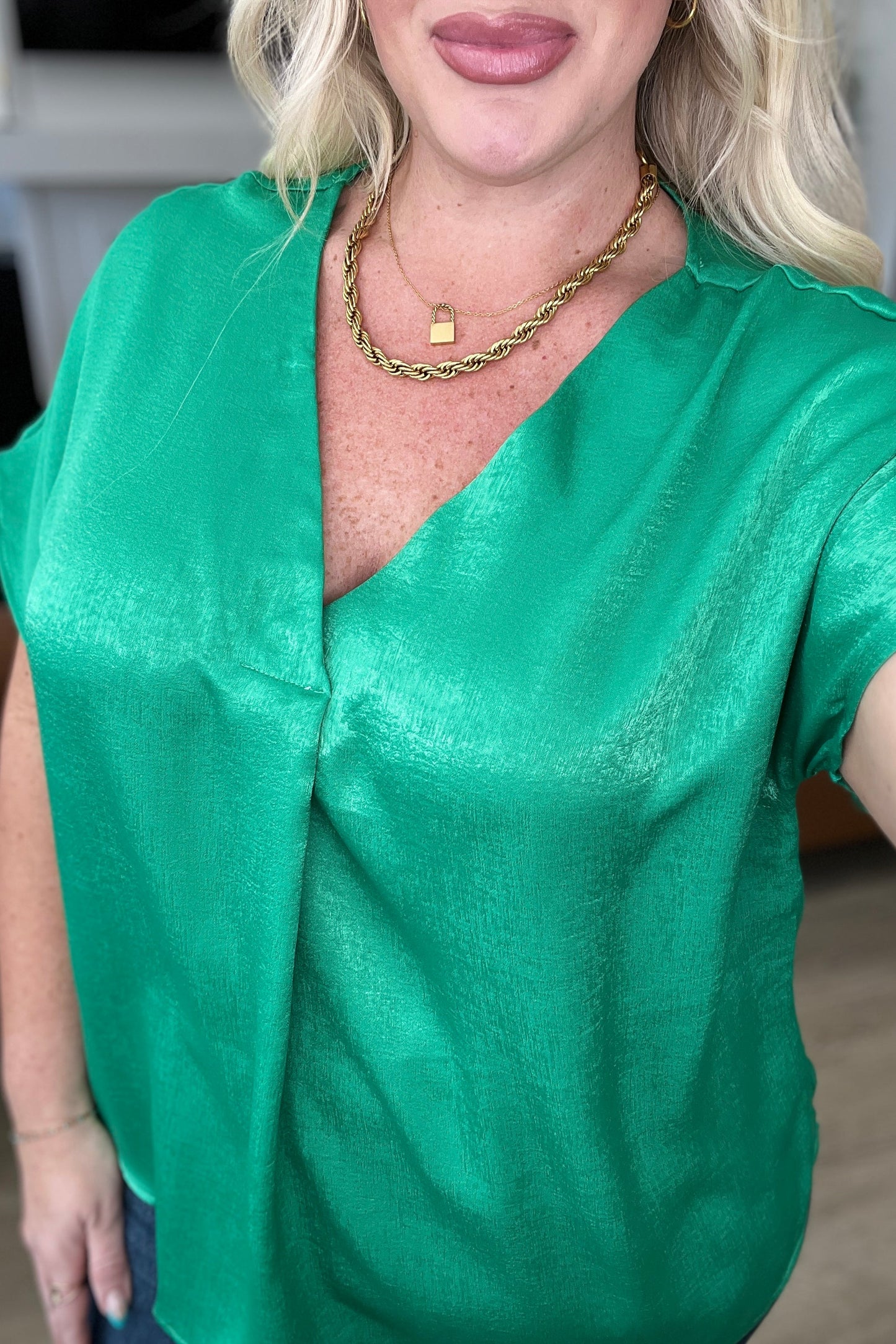 Pleat Front V-Neck Top | Kelly Green
