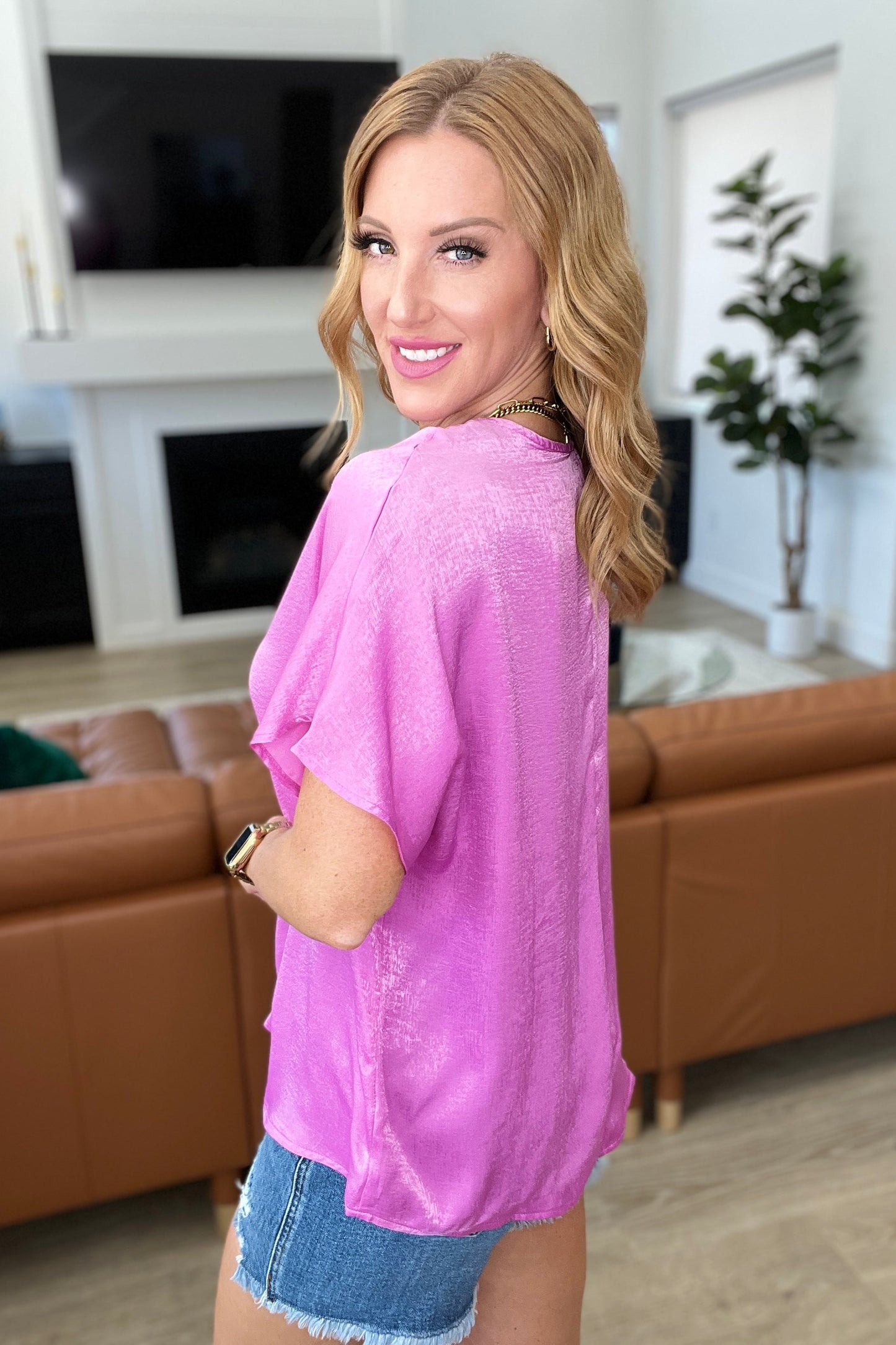 Pleat Front V-Neck Top | Spring Orchid