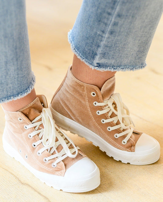 Run Me Down Velvet High Top Sneakers | Tan