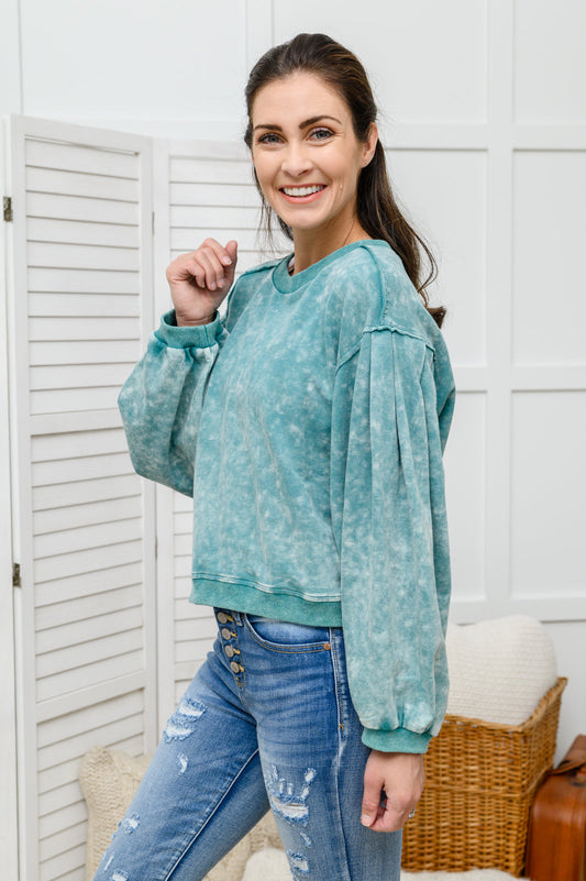 Tied Up In Cuteness Mineral Wash Sweater | Teal - Bella Lia Boutique