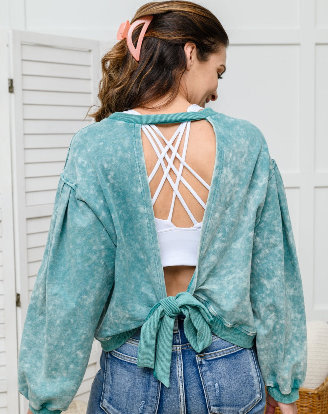 Tied Up In Cuteness Mineral Wash Sweater | Teal - Bella Lia Boutique