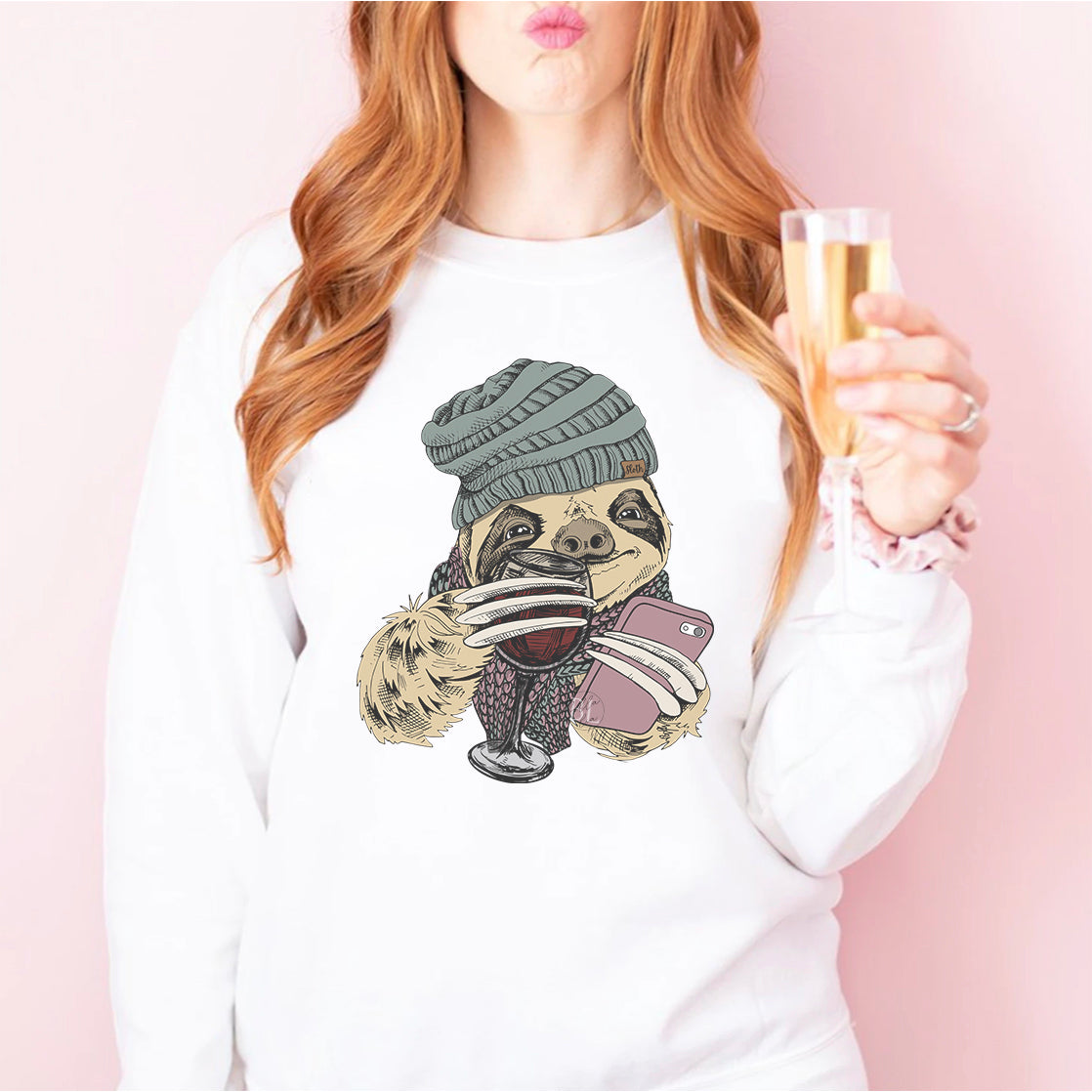 Winter Wine Sloth Graphic Sweater - Bella Lia Boutique