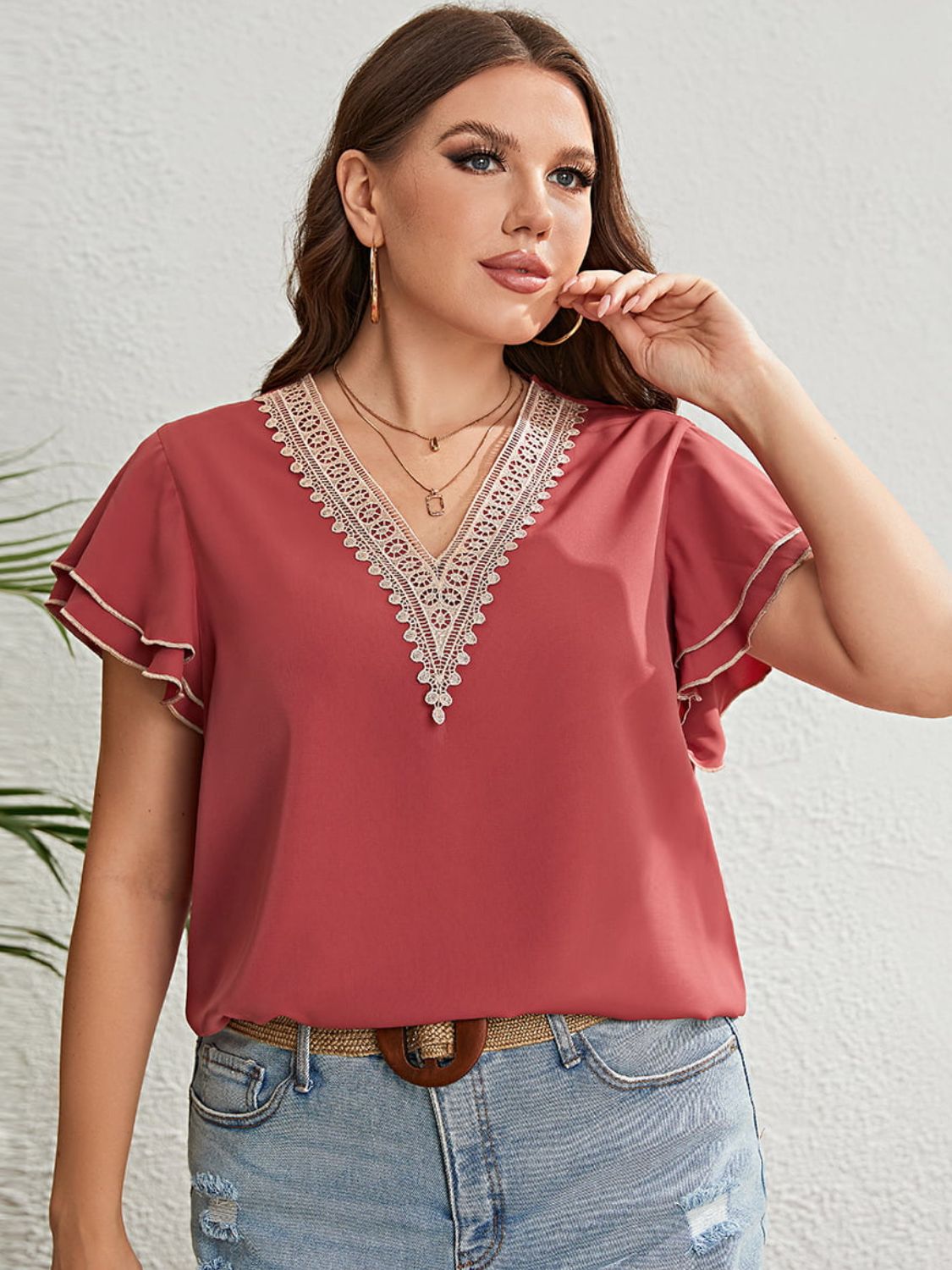 Lacey V-Neck Layered Flutter Sleeve Blouse | Curvy