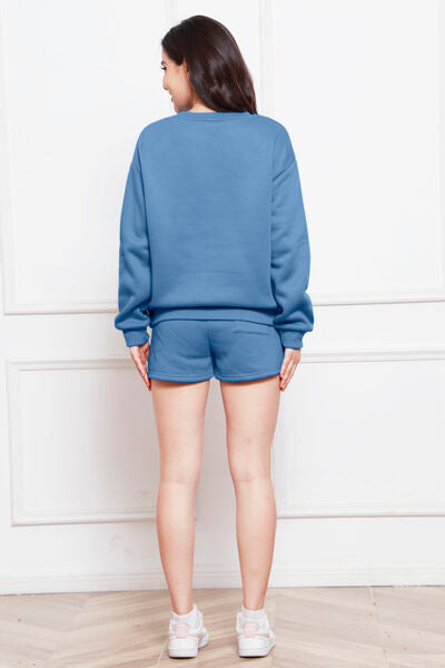 Relaxed Long Sleeve Sweatshirt & Drawstring Shorts Set